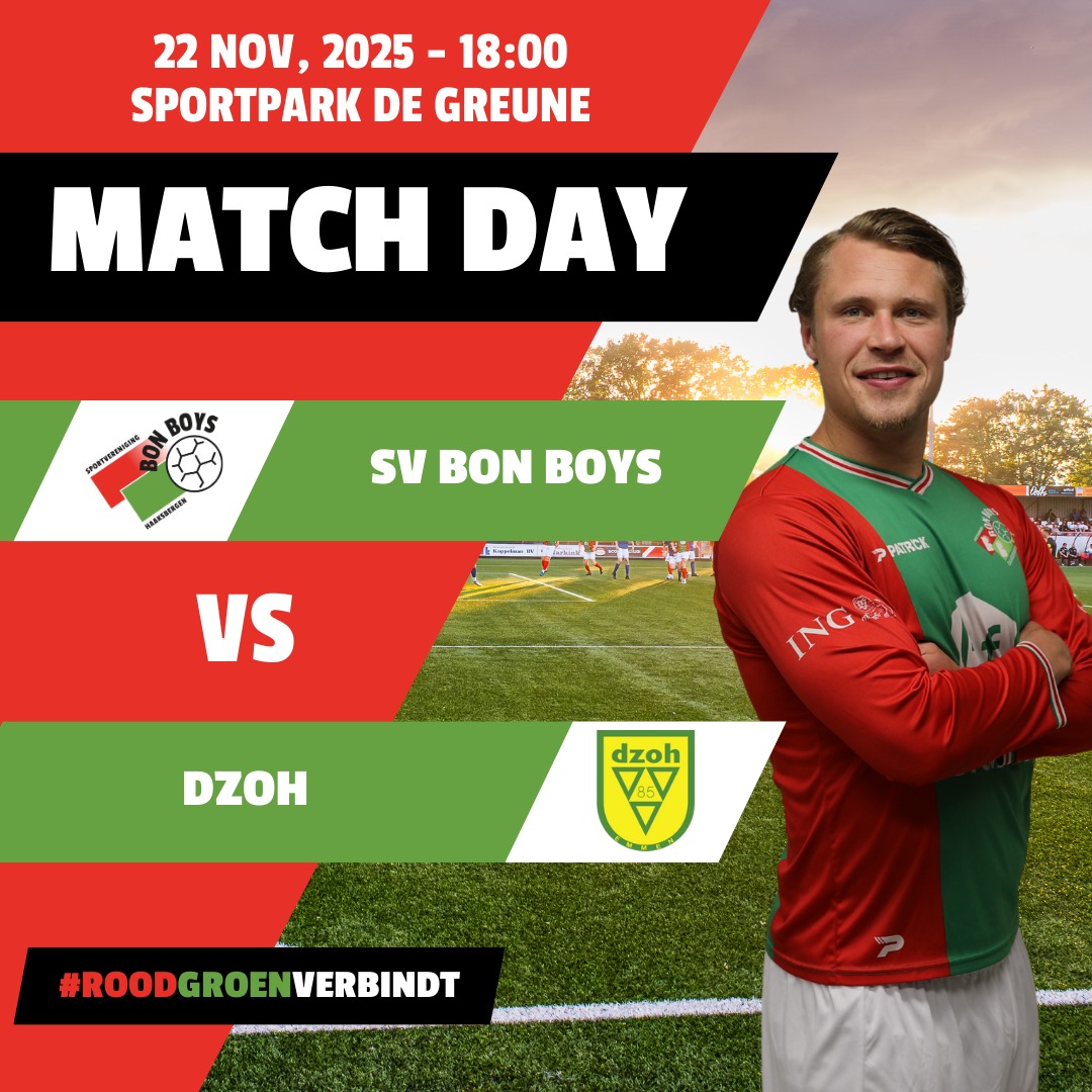 🔴🟢 MATCHDAY VANAVOND OP DE GREUNE 🔴🟢

Vanavond is het weer zo ver. @svbonboys ontvangt @vvdzoh uit Emmen op De Greune. Na de bekernederlaag tegen AZSV wil het eerste elftal laten zien dat de knop direct weer om kan in de competitie.

De vorm is nog altijd indrukwekkend: tweede jaar in de eerste klasse, acht wedstrijden, zeven keer winst, één keer gelijk en een doelsaldo van +12. Met de periodetitel al op zak en de historische uitzege bij Stevo nog vers in het geheugen, is de ploeg van Matthijs Blijham vastbesloten om de thuisreeks vanavond een mooi vervolg te geven.

DZOH staat knap zevende na een zomer vol mutaties en een duidelijke keuze voor de eigen jeugd. Met de overtuigende zege op Den Ham van afgelopen weekend komt de ploeg uit Emmen met vertrouwen naar Haaksbergen.

📍 De Greune, Haaksbergen
🕕 Aftrap: 18.00 uur
📣 Kom op tijd, trek je rood groene sjaal aan en zorg voor sfeer langs de lijn. Samen jagen we vanavond op nieuwe punten in de eerste klasse.

#bonboys #dzoh #matchday #degreune #haaksbergen #amateurvoetbal #eersteklasse #RoodGroenVerbindt