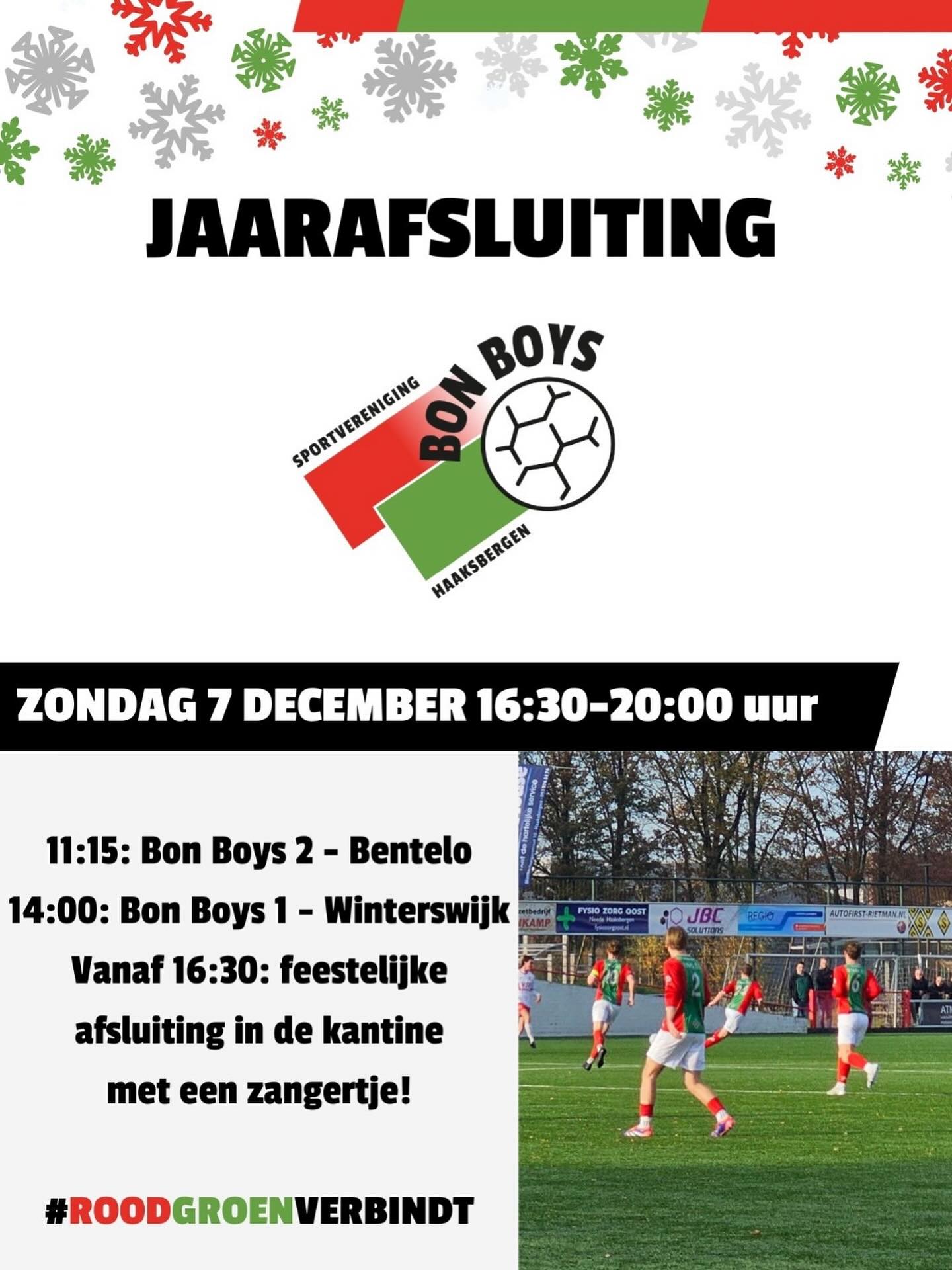 Aankomende zondag is er een jaarafsluiting in de kantine! Om 11:15 speelt ons 2e elftal thuis tegen Bentelo en om 14:00 ons eerste elftal tegen Winterswijk. Na de tijd zullen we de laatste thuiswedstrijd voor de winterstop vieren in de kantine onder het genot van een drankje en een lekker broodje van Broekhuis. Graag zien we jullie dan! ❤️💚❤️