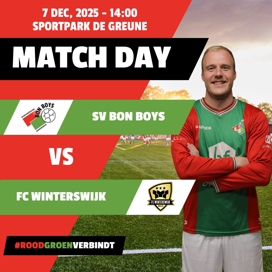 🔴 MATCHDAY 🟢
Laatste thuiswedstrijd van 2025. Vandaag ontvangt Bon Boys @fcwinterswijk.nl op De Greune.

Tijd om het jaar in stijl af te sluiten na een sterke eerste seizoenshelft. De nederlaag tegen Longa’30 moet vandaag worden rechtgezet. Winterswijk komt met een jonge ploeg, maar op De Greune gaan wij voor niets minder dan winst.

🕒 Aftrap 14.00 uur
📍 Sportpark De Greune

Kom onze mannen steunen in het laatste thuisduel van het jaar.

#RoodGroenVerbindt #1eklasse #bonboys #haaksbergen #gameday