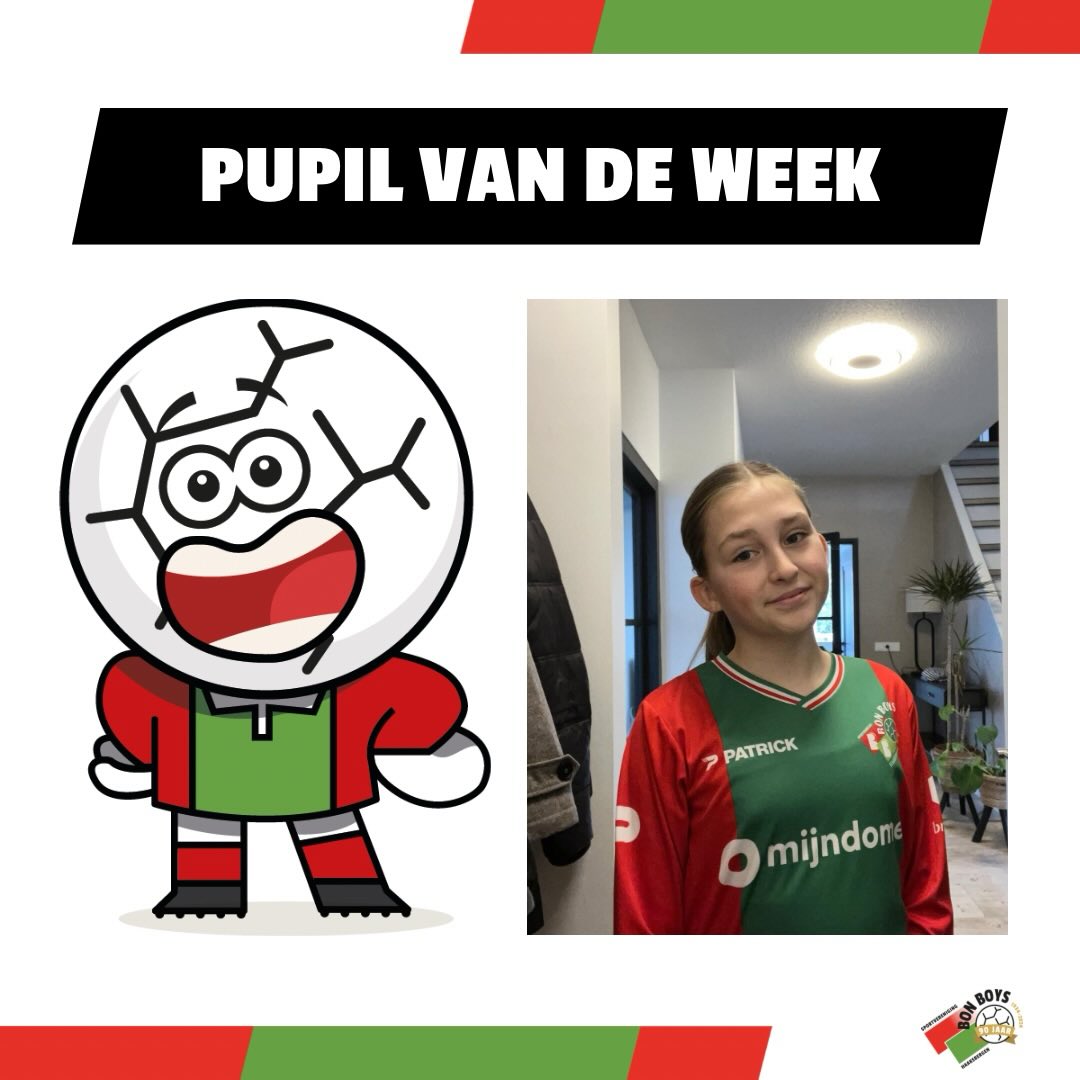 Tijdens de wedstrijd van Bon Boys Vrouwen 1 tegen FC Winterswijk Vrouwen 1 staat er deze week een bijzondere ster in de schijnwerpers: Zara, onze Pupil van de Week!

Zara is 12 jaar en speelt in MO12-2, waar ze het middenveld haar favoriete plek mag noemen. Daar laat ze iedere week zien dat ze overzicht heeft, hard werkt en altijd voor haar team gaat. Een echte Bon Boys-speelster dus!

In Nederland is ze groot fan van FC Twente. Volgens Zara is Daan Rots de beste speler van Nederland, en bij de vrouwen kiest ze voor Jill Roord. Als het om Bon Boys Dames 1 gaat, hoeft ze niet lang na te denken: daar vindt ze Lente de Leeuw de beste speelster!

Ook over de grens heeft Zara haar favorieten. Haar favoriete buitenlandse club is FC Barcelona, en volgens haar is Lamine Yamal op dit moment de beste speler in het buitenland.

Naast voetbal zit Zara in groep 8 van basisschool Loshoes. Haar favoriete vak is rekenen (lekker fanatiek met cijfers bezig!), terwijl spelling iets minder haar ding is. Thuis is ze dol op honden en als het om films gaat, is Vaiana haar absolute favoriet.

Dat ze Pupil van de Week mag zijn, vindt Zara “leuk en spannend”. En dat begrijpen we helemaal! Van meelopen in de kleedkamer tot het betreden van het veld en de aftrap verzorgen — het wordt een dag om nooit te vergeten.

Zara, we wensen je een fantastische middag toe bij Bon Boys Vrouwen 1. Geniet van elk moment en zet ’m op! 💙⚽