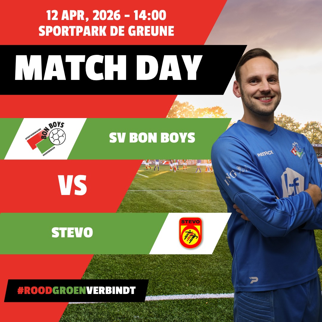 MATCHDAY 🔴🟢

Vandaag op De Greune: @svbonboys - @stevo.geesteren 

Ons eerste elftal is bezig aan een nu al historisch seizoen. Met nog drie thuiswedstrijden te gaan, kunnen de mannen van Matthijs Blijham alle steun goed gebruiken. Vandaag wacht de volgende belangrijke stap richting het grote doel.

STEVO komt naar Haaksbergen als een ploeg die op een goede dag iedereen lastig kan maken. Dat vraagt om focus op het veld en steun langs de lijn.

Kom vanmiddag naar De Greune en laat je horen voor ons vlaggenschip.

Aftrap: 14.00 uur
Locatie: De Greune

#roodgroenverbindt #bonboys #haaksbergen #stevo #matchday